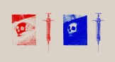Collage of a skull and syringe in red and blue on a cream background. Cropped image from "Through an Opening in the Wall, a Skull Appeared, plate 1 from Edmond Picard’s Le Jure" by Odilon Redon in 1887