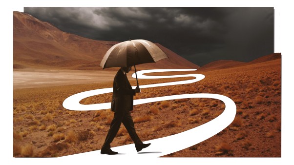 A man walking with an umbrella in the wilderness into a storm.