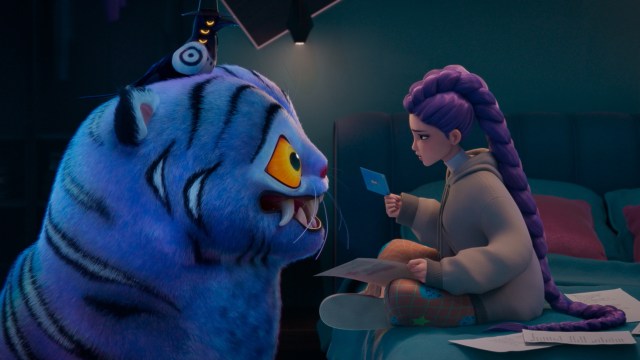 Rumi voiced by Arden Cho with Derpy the tiger in KPop Demon Hunters