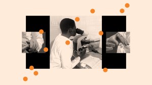 A Christian lab tech pricking fingers at a clinic in Uganda.