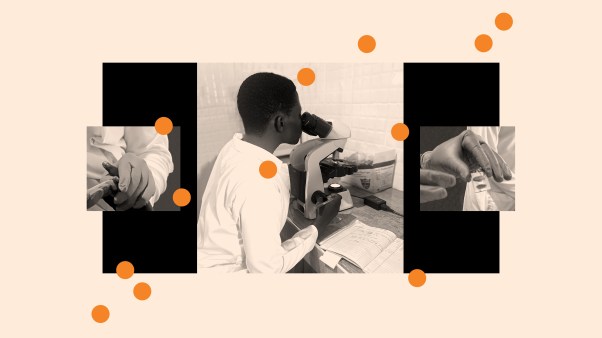 A Christian lab tech pricking fingers at a clinic in Uganda.
