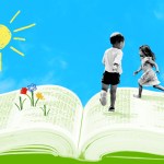 Two children running in a giant Bible with flowers and grass.