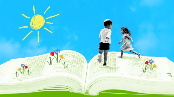 Two children running in a giant Bible with flowers and grass.