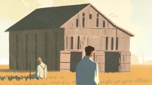 Two men stand in a golden field before a weathered barn
