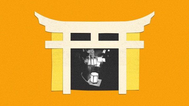 A Shinto Torii gate and paper lanterns.