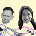 Collage artwork of Peter Thiel and Michelle Stephens with caviar, diamonds, gold chains, and champagne