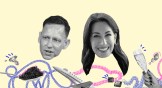 Collage artwork of Peter Thiel and Michelle Stephens with caviar, diamonds, gold chains, and champagne