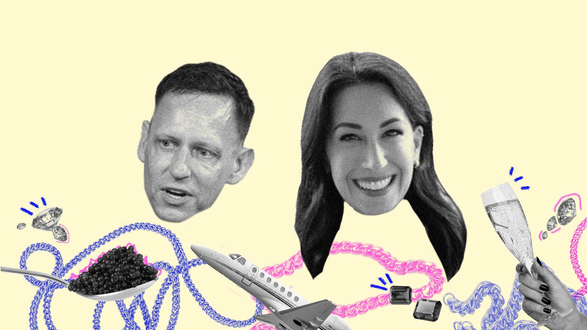 Collage artwork of Peter Thiel and Michelle Stephens with caviar, diamonds, gold chains, and champagne