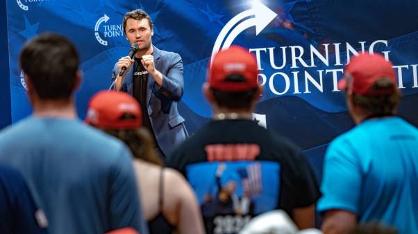 Charlie Kirk speaks at the University of Arizona in 2024.