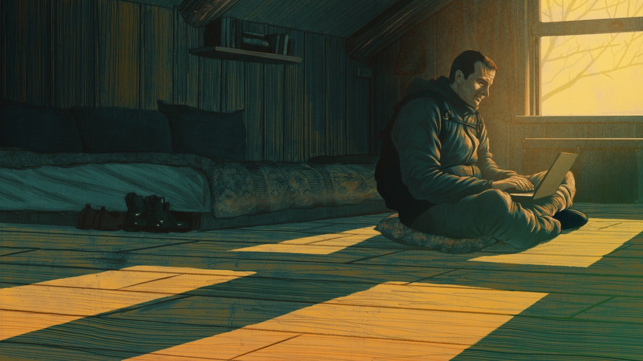 A drawing of Bear Grylls suited up for an outdoor adventure, seated on the floor typing on a laptop