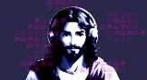 Pixelated anime Jesus wearing headphones with Twitch and Discord logos patterned across the screen.