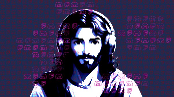Pixelated anime Jesus wearing headphones with Twitch and Discord logos patterned across the screen.