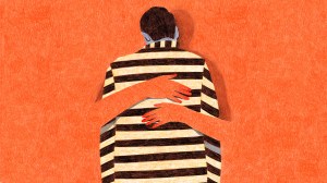 A person wearing a striped prison uniform is embraced by the silhouette of a person in orange on an orange background.