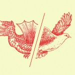 Half of a dragon and half of a dove separated by a red line.