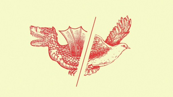 Half of a dragon and half of a dove separated by a red line.