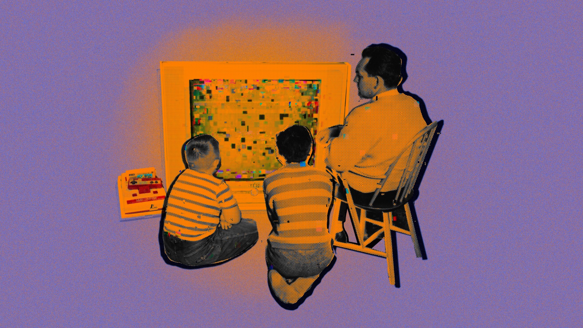Pixelated people in front of a retro screen.