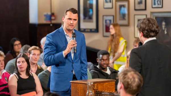 Charlie Kirk debating with students at The Cambridge Union on May 19, 2025.