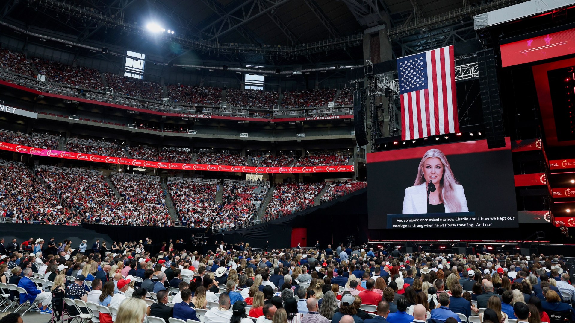 Erika Kirk speaks during the memorial service for her husband, political activist Charlie Kirk at State Farm Stadium on September 21, 2025 in Glendale, Arizona.