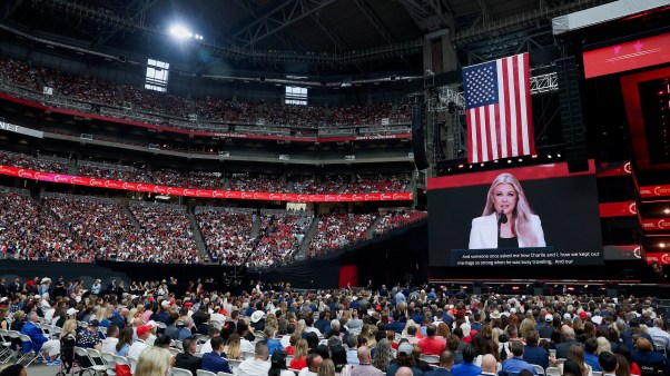 Erika Kirk speaks during the memorial service for her husband, political activist Charlie Kirk at State Farm Stadium on September 21, 2025 in Glendale, Arizona.