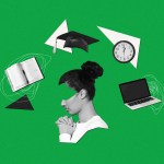 A girl praying with a laptop, clock, graduation cap, and planner flying around her head.