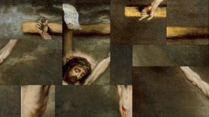A crucifixion image with pieces mixed up.