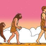 An image showing the progression of evolution from ape to man, ending with a man carrying a Neanderthal man.