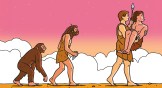 An image showing the progression of evolution from ape to man, ending with a man carrying a Neanderthal man.