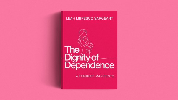 The book cover on a pink background.
