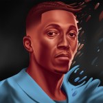 A stylized portrait of Lecrae on a black background.
