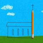 A sketch of a church with a pencil.