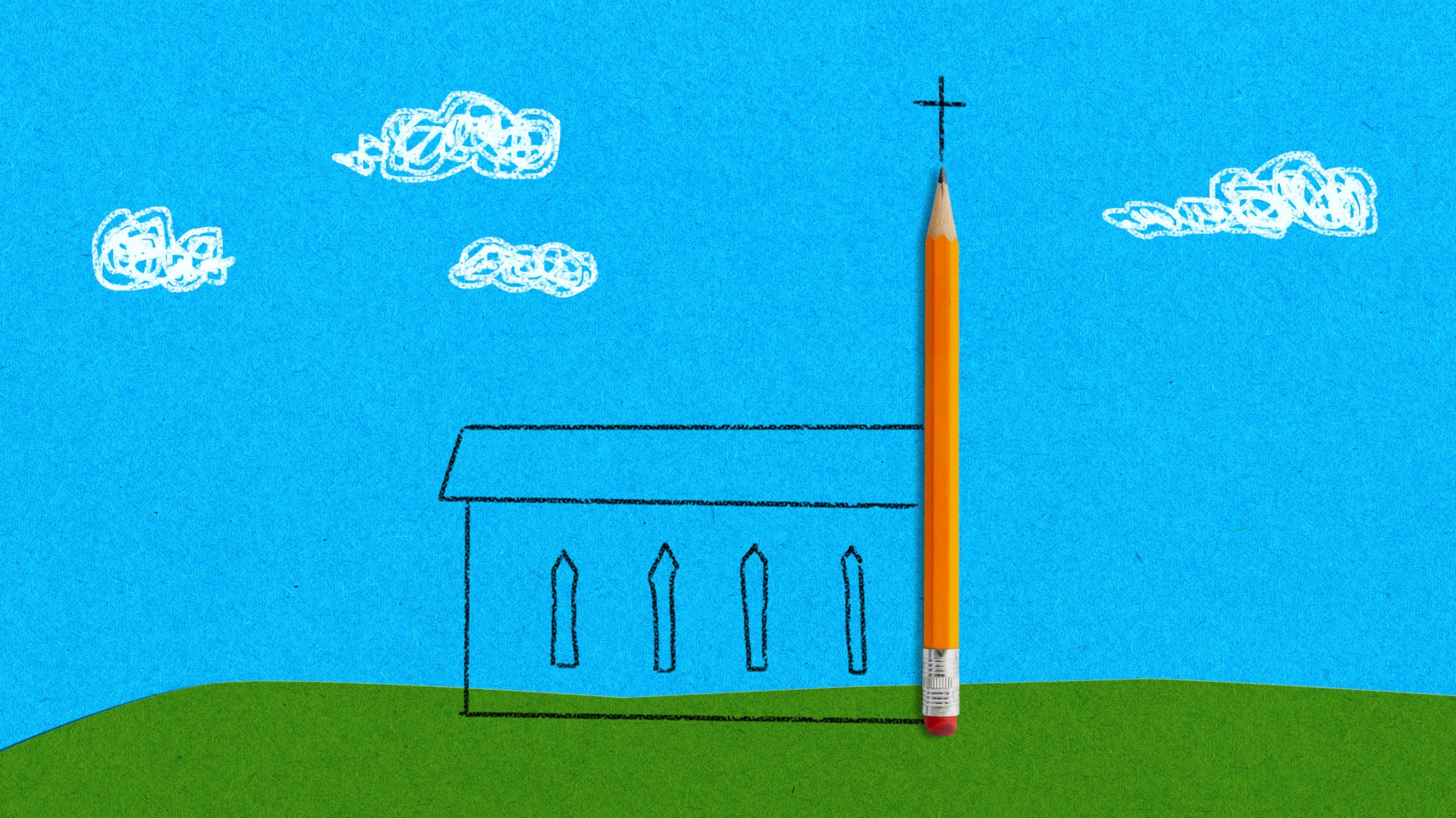 A sketch of a church with a pencil.