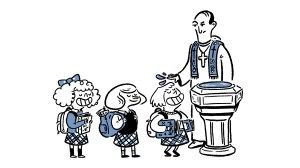 Cartoon showing a priest baptizing a row of children lined up in school uniforms.