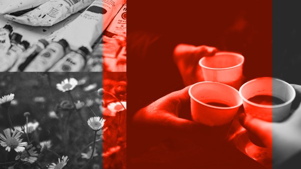 Paint, flowers, and people holding coffee cups
