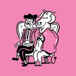 A cartoon of a matador and a bull wrapped in the matador's cape sitting next to one another on a pink background.