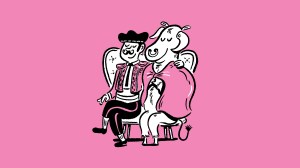 A cartoon of a matador and a bull wrapped in the matador's cape sitting next to one another on a pink background.