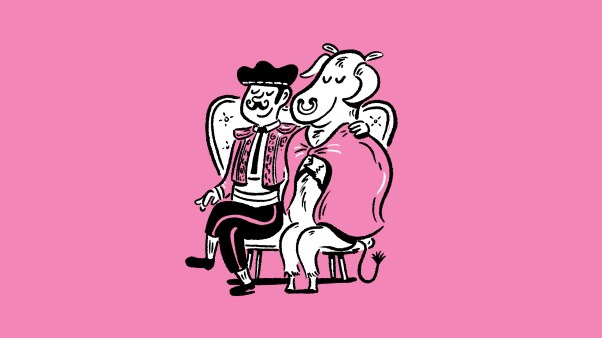 A cartoon of a matador and a bull wrapped in the matador's cape sitting next to one another on a pink background.