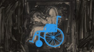 Charcoal sketch of a person sitting in a blue wheelchair.