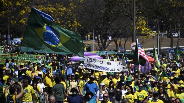 Supporters of former Brazilian president Jair Bolsonaro participate in a protest in his support on August 3, 2025.