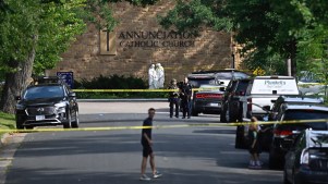 Police work the scene following a mass shooting at Annunciation Catholic School on August 27, 2025 in Minneapolis, Minnesota.