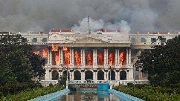 Nepali protesters set fire to the main administrative building of the Nepal government on September 9, 2025.