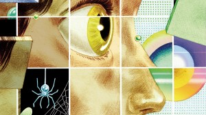 Close up illustration of a person's eye, dissected by a grid that is breaking apart to reveal a black background with a spider building a web.