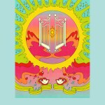 Illustration of two doves surrounded by hearts, waves and musical notes illustrated in a retro 70s style.