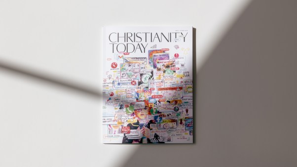 Flatlay of Christainity Today's september october issue on a white background with a strong shadow from a window