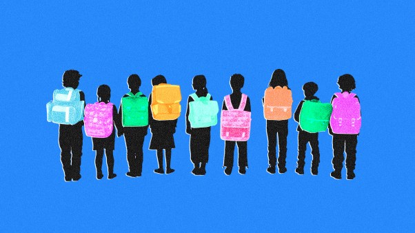 A row of children carrying different colored backpacks.