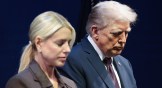 President Donald Trump bows his head in prayer with Attorney General Pam Bondi at the Museum of the Bible on Sept. 8.