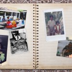 Collage of old photos on a vintage scrapbook on a piece of patterned clothe