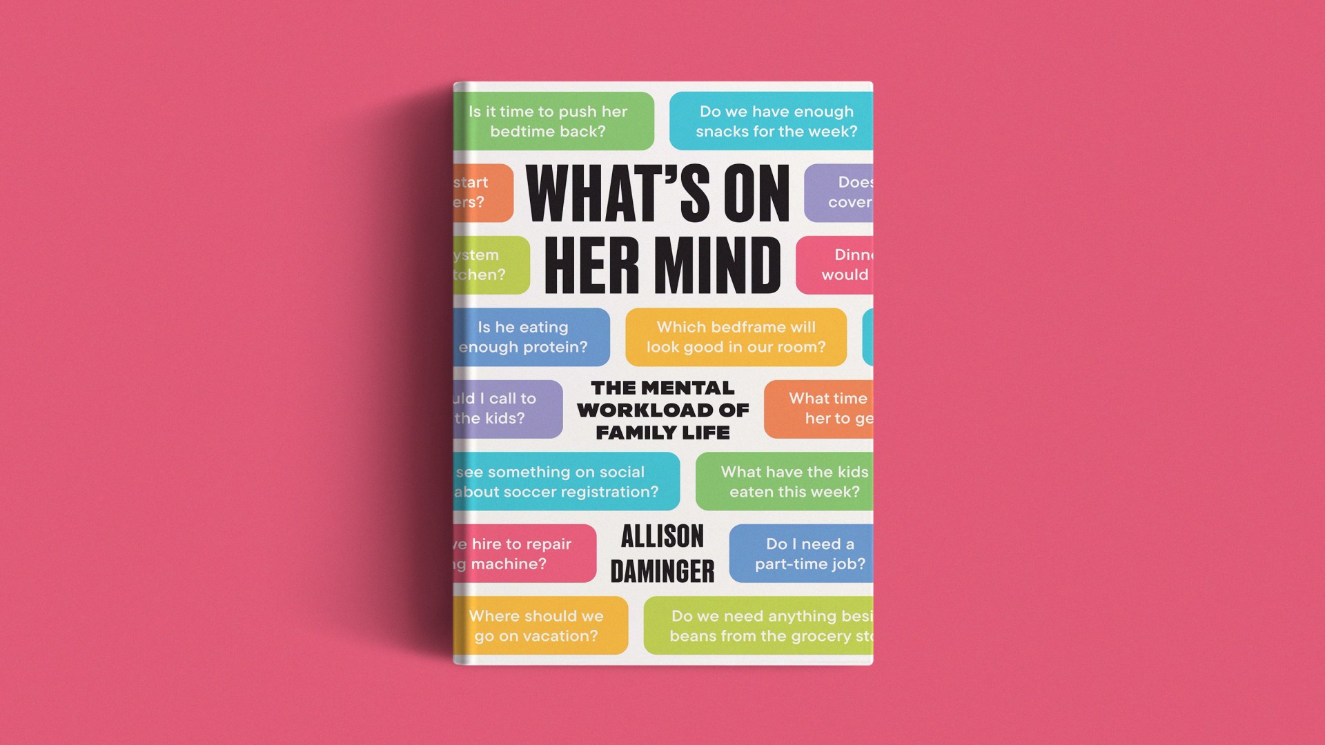 The book cover on a pink background.