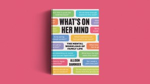 The book cover on a pink background.
