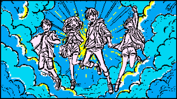 Anime characters in the clouds.