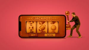 A man pulls a slot machine lever.